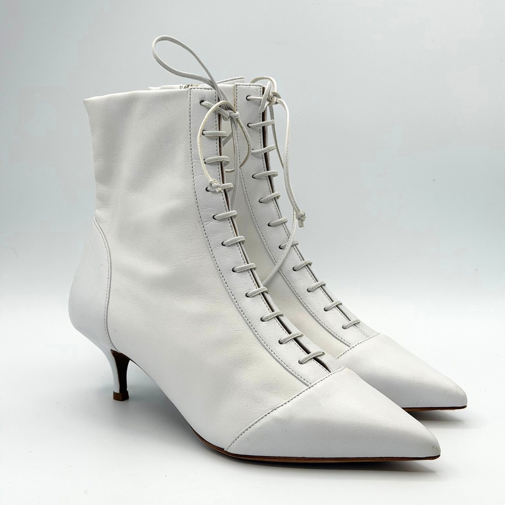 Tabitha Simmons Emmet Lace-Up White Leather Kitten Booties US7.5B 37.5 Victorian